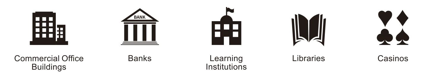 Areas of application: Commercial Office Buildings, Banks, Learning Institutions, Libraries, Casinos