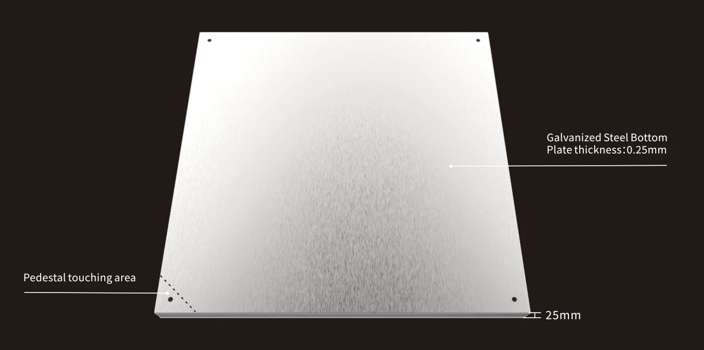Bare EG 800 panel bottom view - galvanized steel bottom plate thickness 0.25mm, pedestal touching area, 25mm thickness