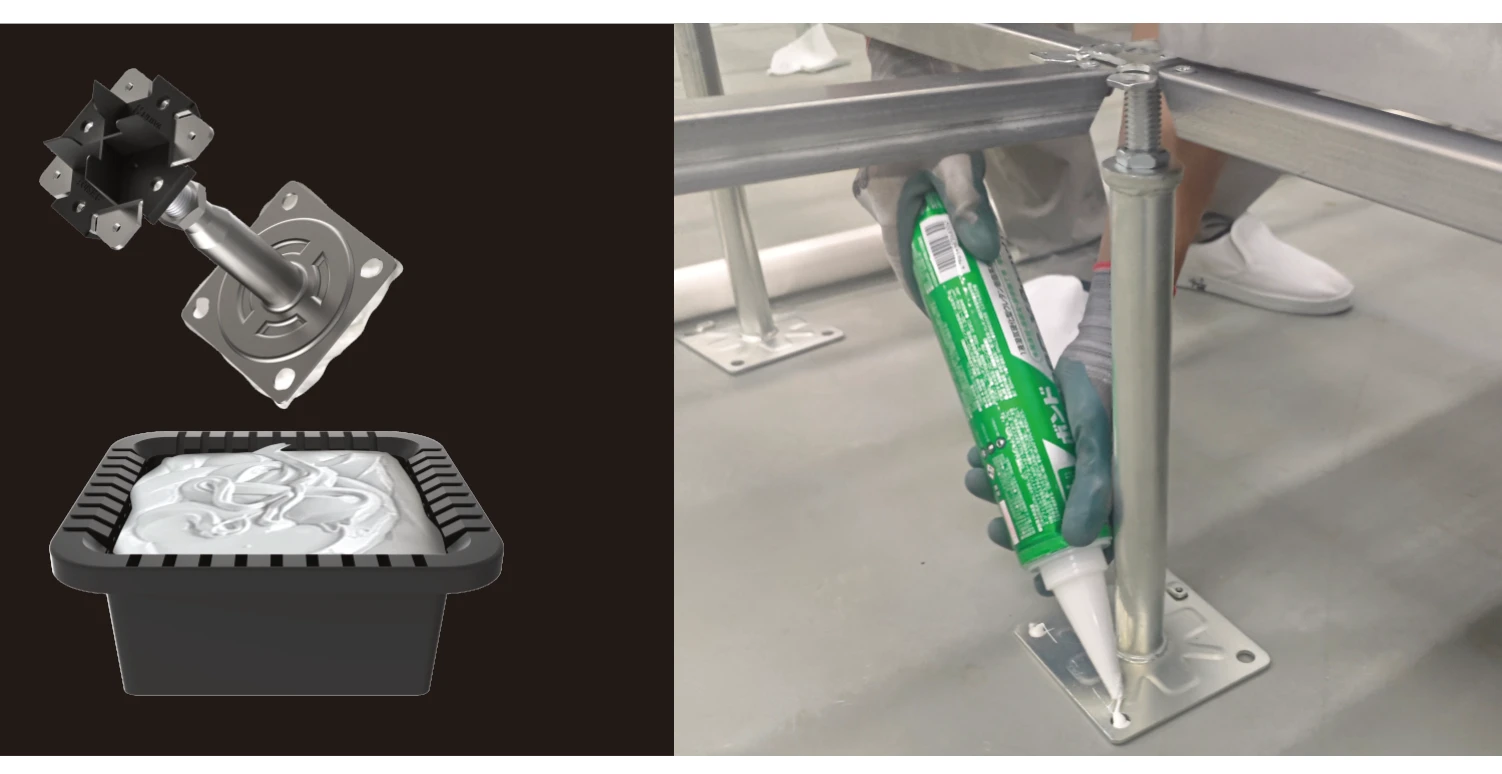 Patented design - glue container with built-in scraper design filled with KU928 adhesive, and adhesive being applied to a pedestal base plate