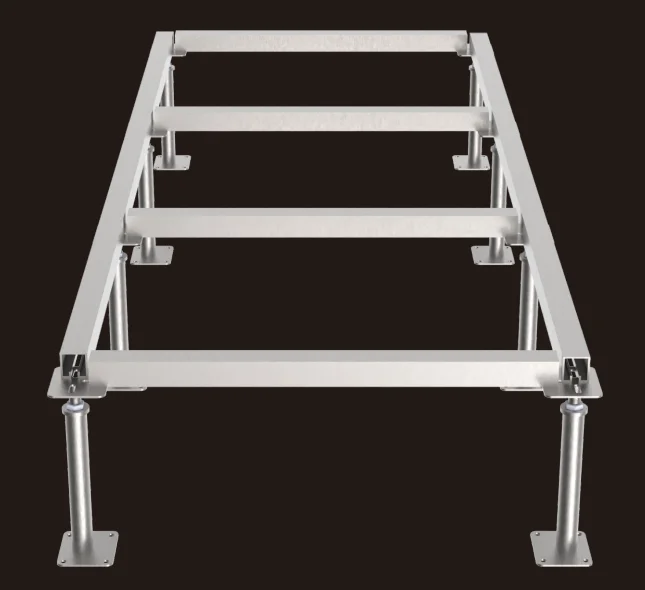 Display of the platform deck system's bottom structure (galvanized steel frame, adjustable pedestals)